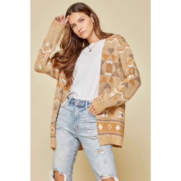 Taupe Gray Boho Aztec Open Cardigan Sweater - Picture 4 of 6